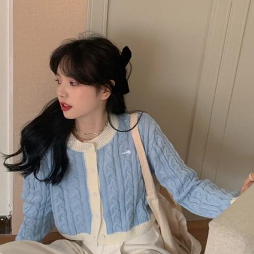 Long-sleeved Sweater Jacket Ins Tide Lazy Style 2020 New Autumn and Winter Outer Wear Womens Sweet Color Contrast Cropped Top