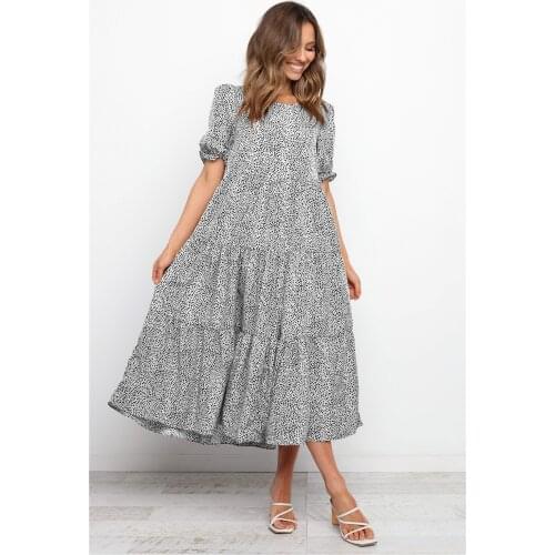 Summer Dress Women Dot Color Print Pathwork Loose Long Dresses Puff Sleeve Beach Style Casual Party Birthday Clothing C2420