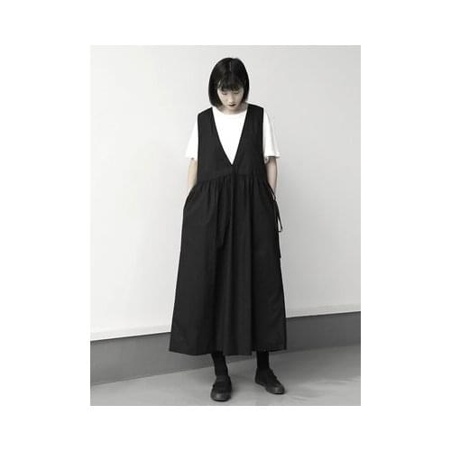 Dark simple Japanese new style strap dress waist loose large-size long suspender skirt womens medium-length skirt summer