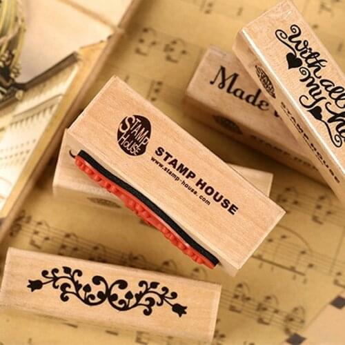 1Pcs Flower Printing Diary Decoration Crafts Handmade Gift Rectangle Strip Diary Wooden Seal Lotus Rose Stamps