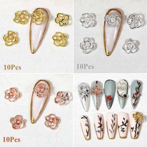 10Pcs/pack Gold Silver 3D Alloy Rose Flower Nail Rhinestones Hollow Nail Jewelry Luxury Shiny Manicure Drills