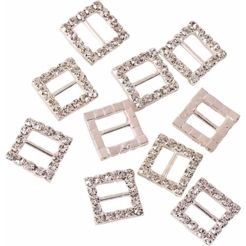 20pieces/lot 15mm Square Shape Ribbon Slider Buckles Solid Brass Crystal Rhinestone Buckles For Wedding Invitations Chair Sash