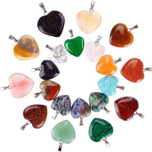 20pcs Natural Stone Quartz Crystal Turquoises Tiger Eye Opal Aventurine Charms Heart Pendants For Diy Jewelry Making Necklace