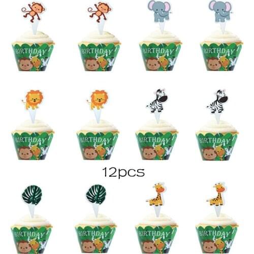 24pcs/pack Boys Kids Favors Happy Birthday Party Jungle Animal Theme Cake Toppers Decorate Baby Shower Lion Cupcake Wrappers