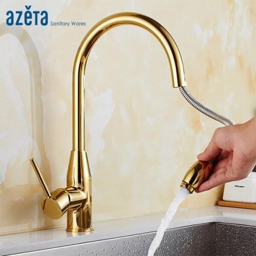Azeta New Design Golden Kitchen Faucet Pull-out 360 Rotatable Deck Mounted Cold and Hot Water Kitchen Tap MK9874G