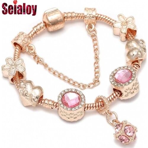 European Rose Gold Bracelets For Women Original Pink Rhinestone Love Magnolia Beads Box Charm Brands Bracelet & Bangles Jewelry