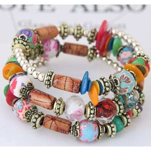 2017 Gift Bohemian Ethnic Style Multilayer Beaded shell Elastic Charm Bracelets Jewelry for Women