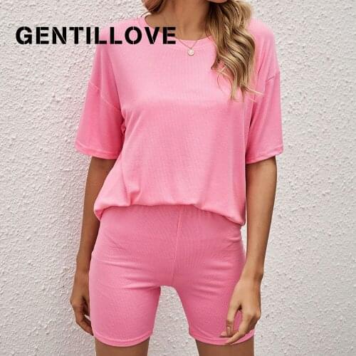 Gentillove Casual Solid Short Sleeve O Neck T Shirt and Shorts 2Pcs Sets Women Solid Suits Tracksuit Summer Outfit Homewear