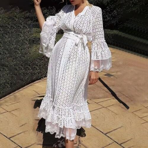 Jastie Embroidered Hook Flower Hollow Midi Dresses For Women 2021 Autumn Boho V-neck Flared Sleeve Stitching Lace Long Dress