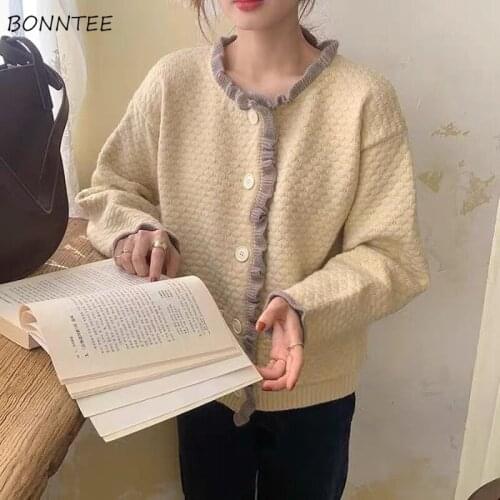 Cardigan Women Ruffles Leisure Spring Sweet Apricot Single-breasted Loose Ins Harajuku Female Kawaii Students Knitting Clothing