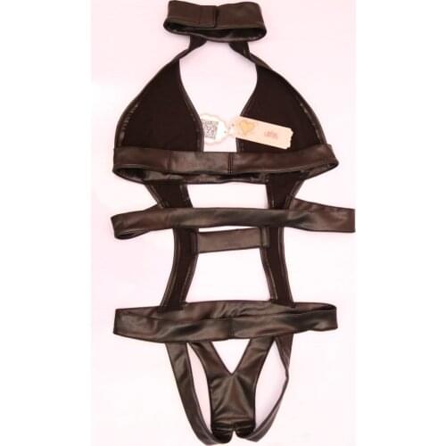 Cosplay Anime Role PU Bandage Bodysuit Turtleneck High Cut Bikini Bodysuit Women Sexy Onesie One Piece See Through Bodycon