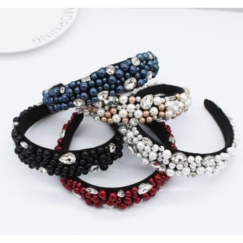 Trendy color Pearl Design Hairband for Women Gem Crown Rhinestone Headband Girls Headwear Headdress Wedding Hair Accessories