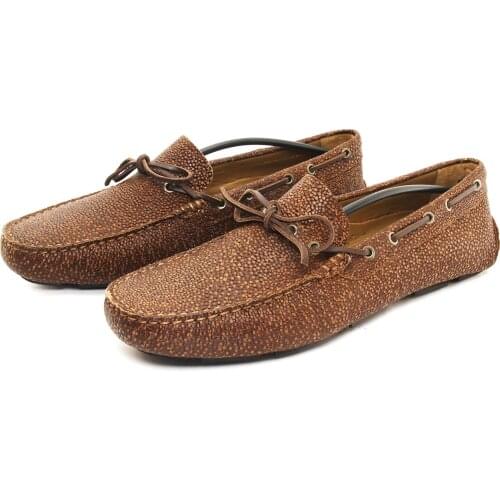 Handmade Moccasins with Stingray Skin Pattern Calf Leather, Tobacco Cork Color, Soft & Light Comfort Casual Shoes
