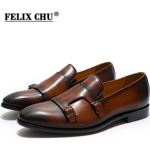 Handmade Mens Dress Shoes Mens Leather Casual Shoes Double Buckles Monk Strap Loafer Slip-On Men Shoes for Formal Wedding Party