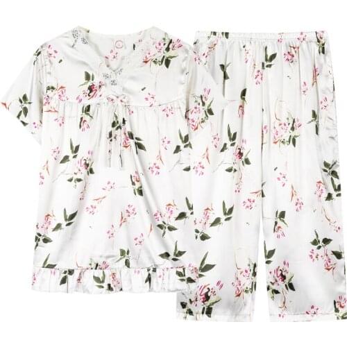 New Summer Women Small Flower Sleepwear V-Neck Lace Silk Pajama 2 Pcs/Set Short Sleeve Home Clothes For Women Homewear Plus Size