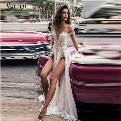 Verngo Sexy Beach Wedding Dress Off Shoulder Illusion Neckline Bridal Gown Backless Lace High Slit 2020 Photo Shot Long Dress