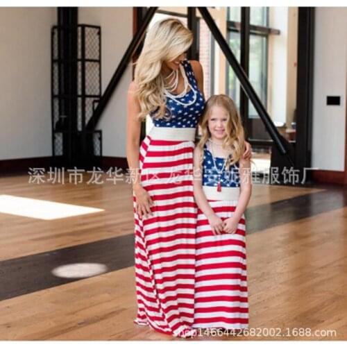 American Flag Mother and Me Matching Clothes,Floral Printed Family Beach Maxi Dress with Pockets NO27-37