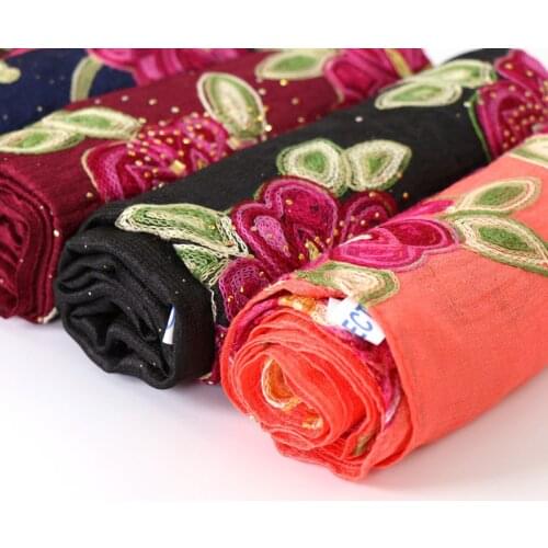 Luxury Floral Embroidered Scarves Glitter Silk Linen Wrap Muslim Hijabs Gold Rhinestones Islamic Voile Wome Head Scarf Headband