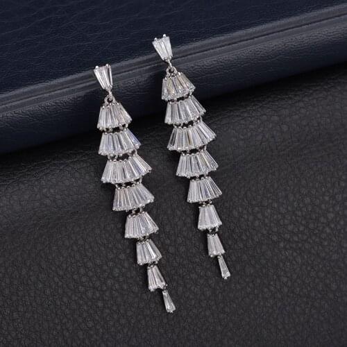 Fan-Shaped Geometric Dangle Earrings For Women Long Earring Luxury Fashion Zircon Wedding Pendientes