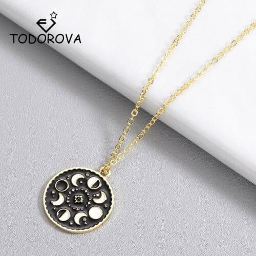 Todorova Lunar Cycle Moon Phase Pendant Necklace Round Galaxy Necklace for Women Men Jewelry Stainless Steel