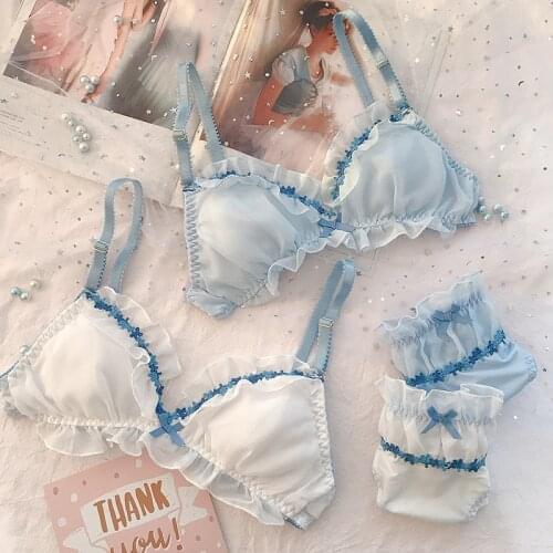 Young Girls Small Fresh Comfortable Sleep underwear lace Chiffon Nets yarn thin Small fairy Japanese lingerie bra and panty Sets