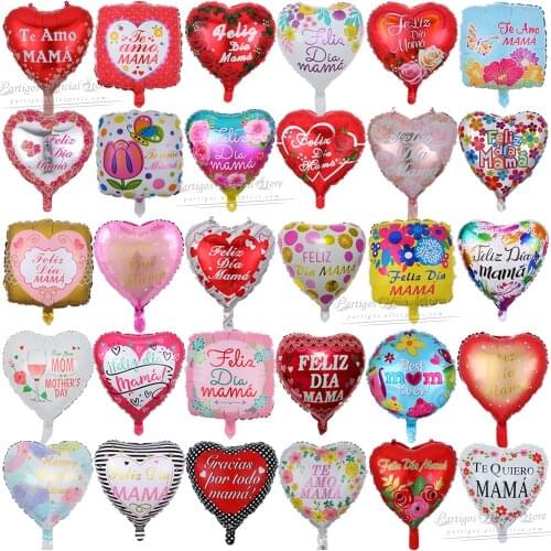 150pcs 18inch Happy Mothers Day Helium Foil Balloons Print Spanish Mama Helium Globos Party Mama Heart Shape Balaos Decor Ball