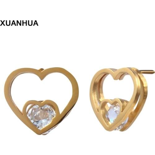 XUANHUA Stainless Steel Heart Errings Stud Earrings With Stones 2019 Fashion Jewelry Gifts For Women Brincos Zircon Earrings