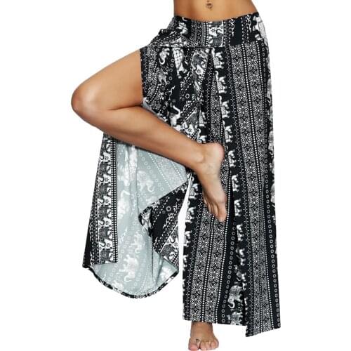 Women’s Split Wide Leg Bohemian Casual Yoga Pants, Loose Palazzo Hippie Floral Sports Harem Pants