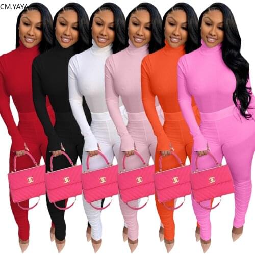 CM.YAYA Knitted Women Set Two Pieces Set Tracksuit Long Sleeve Sweater Tops Stacked Jogger Sweatpant Suit Outfit Matching Set