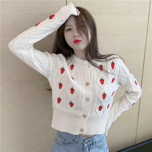 Spring Sweater Coat Women Strawberry Crochet Floral Knitted Cropped Cardigan Fashion Korean Sueter Coat Fall Clothes Pull Femme