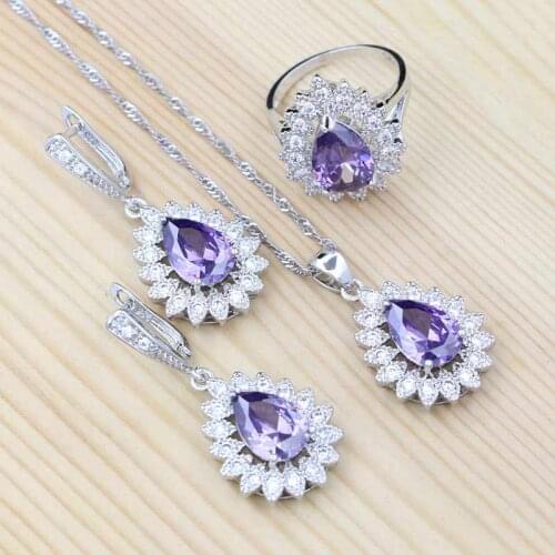 925 Sterling Silver Water Drop Jewelry Sets For Women Purple Cubic zirconia White Crystal Earring/Pendant/Necklace/Ring