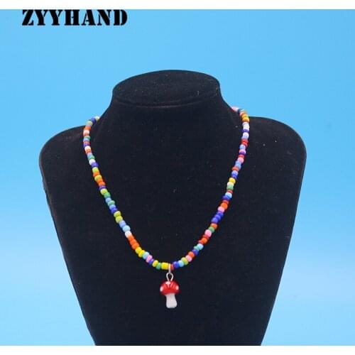 Rainbow Color Mushroom Rice Beads Necklace Women Glass Pendant Small Charm Customized Girl Pendant Jewelry