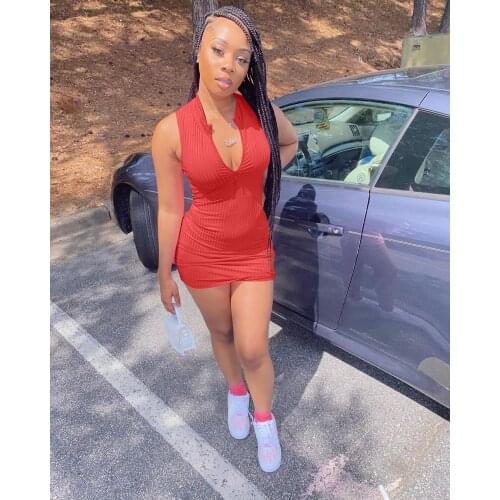 Casual Knit Rib Zipper V Neck Sleeveless Bodycon Mini Summer Dress for Women 2021 Sexy Club Party Dress Robe Lounge Streetwear