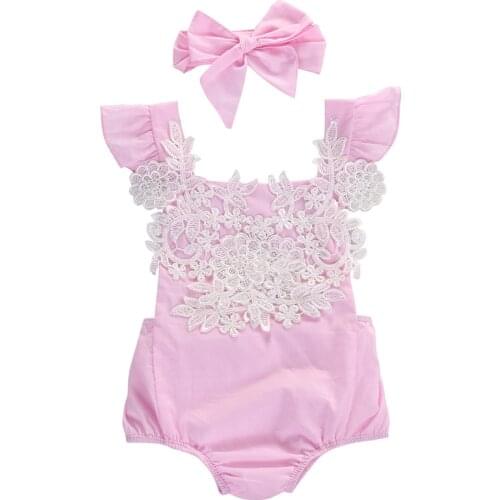 0-18M Newborn Infant Baby Kids Girls Clothes Lace Floral Romper FlowerJumpsuit Bow Headband Suit Outfits Set Sunsuit