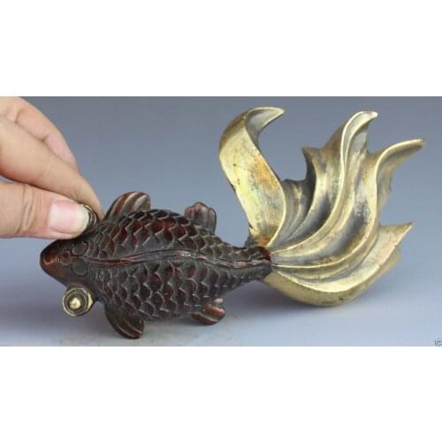 18CM China Bronze Gilt Fengshui Folk Ocean Animal Fish Goldfish Statue Sculpture