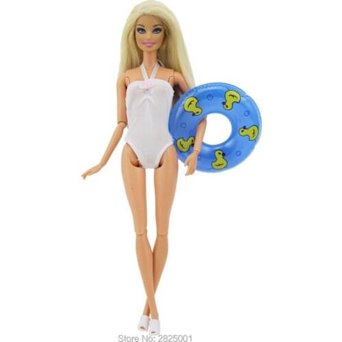 2 Pcs/Lot = 1x White Swimwear Bikini Swimsuit + 1x Blue Swimming Buoy Lifebelt Ring for Barbie Doll Accessories Baby DIY Toy
