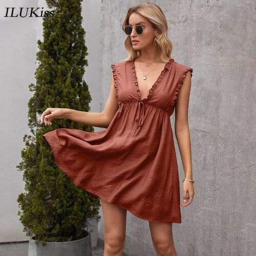 2021 Fashion Sexy Sleeveless Mini Dress Women Summer Deep V Neck Solid Backless Dresses Casual Womens Clothing Ladies Clothes