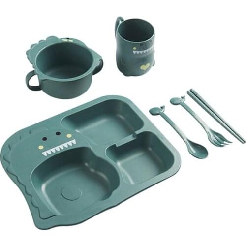 6Pcs/ Set Baby Cartoon Dinosaur Tableware Childrens Dinnerware Set Home Anti-hot Wheat Straw Training Plate Kids Feeding Dishes