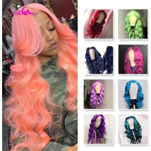 ALI Coco Green Body Wave Yellow Lace Front Wig Pink Red Light Blue Purple Ombre Colored Human Hair Wigs For Black Women