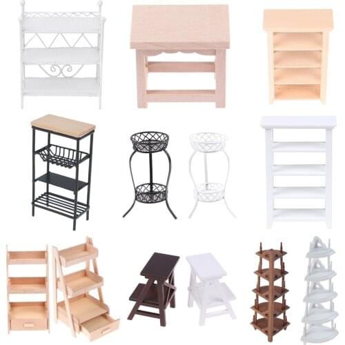 1Pc 1:12 Dollhouse Wood Plastic Metal Shelf Flower Stand Mini Doll House Furniture Model Simulation Furniture Accessories