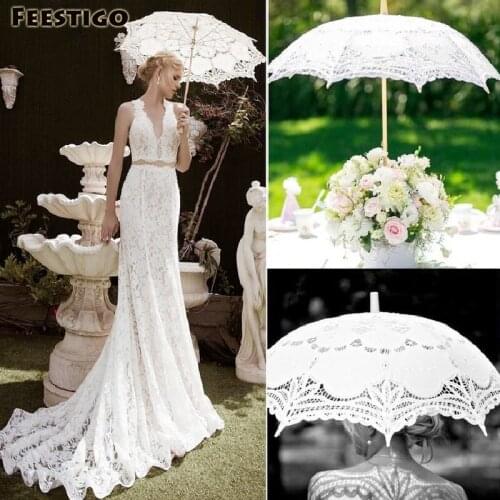 Feestigo White Lace Vintage Umbrella Parasol For Bridal Bridesmaid Wedding Victorian Lady Costume Photo Props Decoration Wedding