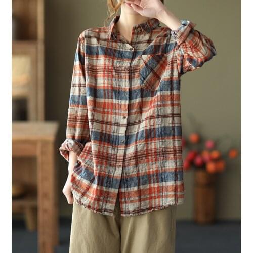 Spring New Retro Check Plaid Cotton Linen Shirt Long Sleeved All-Match Lapel Pocket Casual Button Cardigans Blusas Camisas Mujer