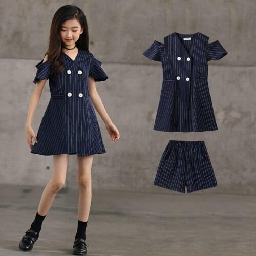 Girls' suit striped summer off-shoulder short-sleeved suit + shorts two-piece suit, big kids womens fashion