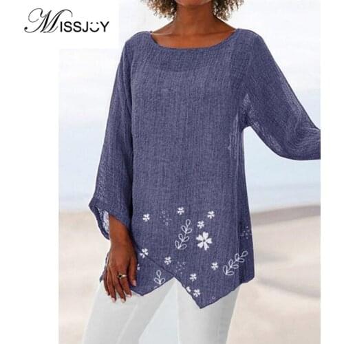 MISSJOY Irregular Loose Printed Women Shirt Tops Plus Size Casual Floral Ladies O-Neck Long Sleeves 2020 Summer Femme