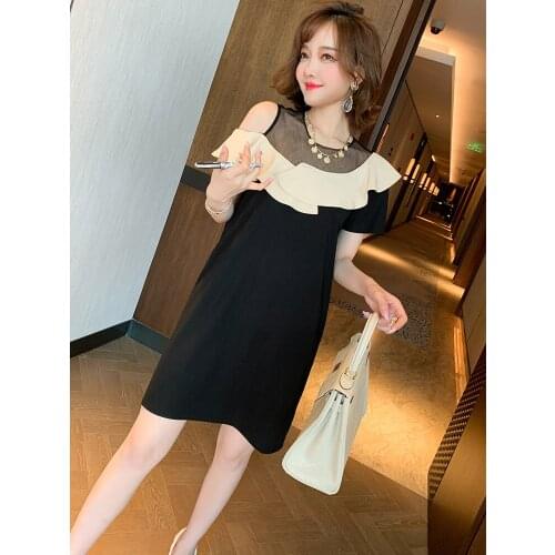 Trendy Sexy One-sided off-Shoulder Stitching Perspective Yarn Asymmetric Ruffled Straight Dress Female Fashion Summer New Style