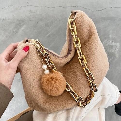 Fashion Faux Fur Hobos Handbags Women Shoulder Bags 2020 New Luxury Design Gold Chain Ladies Female Purses Winter High Quality