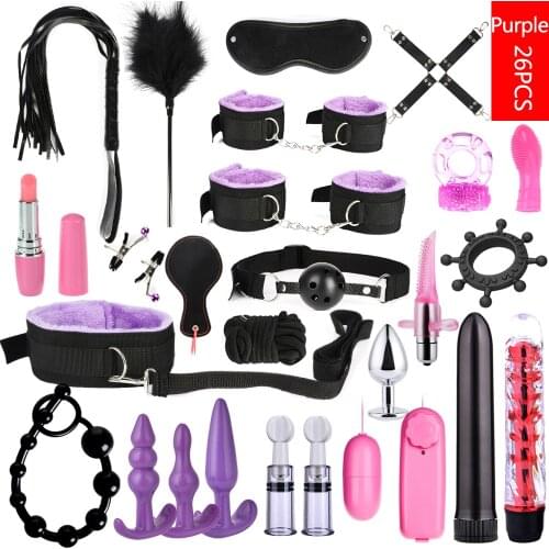 26PCS Bondage Set Sex Toys for Adults Women Men Porno Sex Handcuffs Nipple Clamps Whip Mouth Gag Rope Dildo Vibrator Erotic Toys