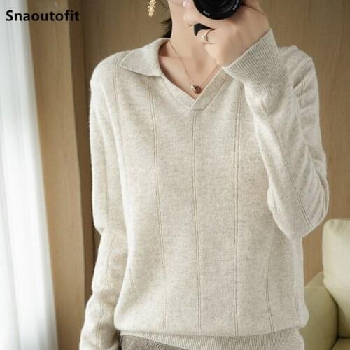 2021 Autumn Winter New 100% Pure Wool Womens V-Mouth Bottoming Shirt Loose Casual All-Match Pullover Commuter Korean Knit Top