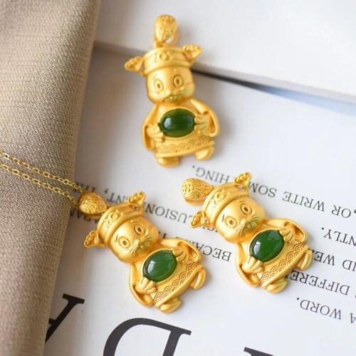 Silver Inlaid Natural Hetian Jasper Chalcedony Pendant Necklace Chinese Style Retro Little Mouse Fortuna Womens Brand Jewelry