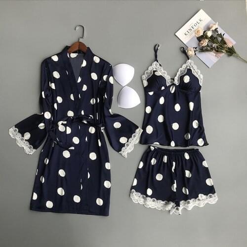 JULYS SONG 3 PCS Womens Pajamas Set Polka Dot Lace Sexy Robe Nightwear Strap Sling Shorts Spring Summer Sleepwear Homewear